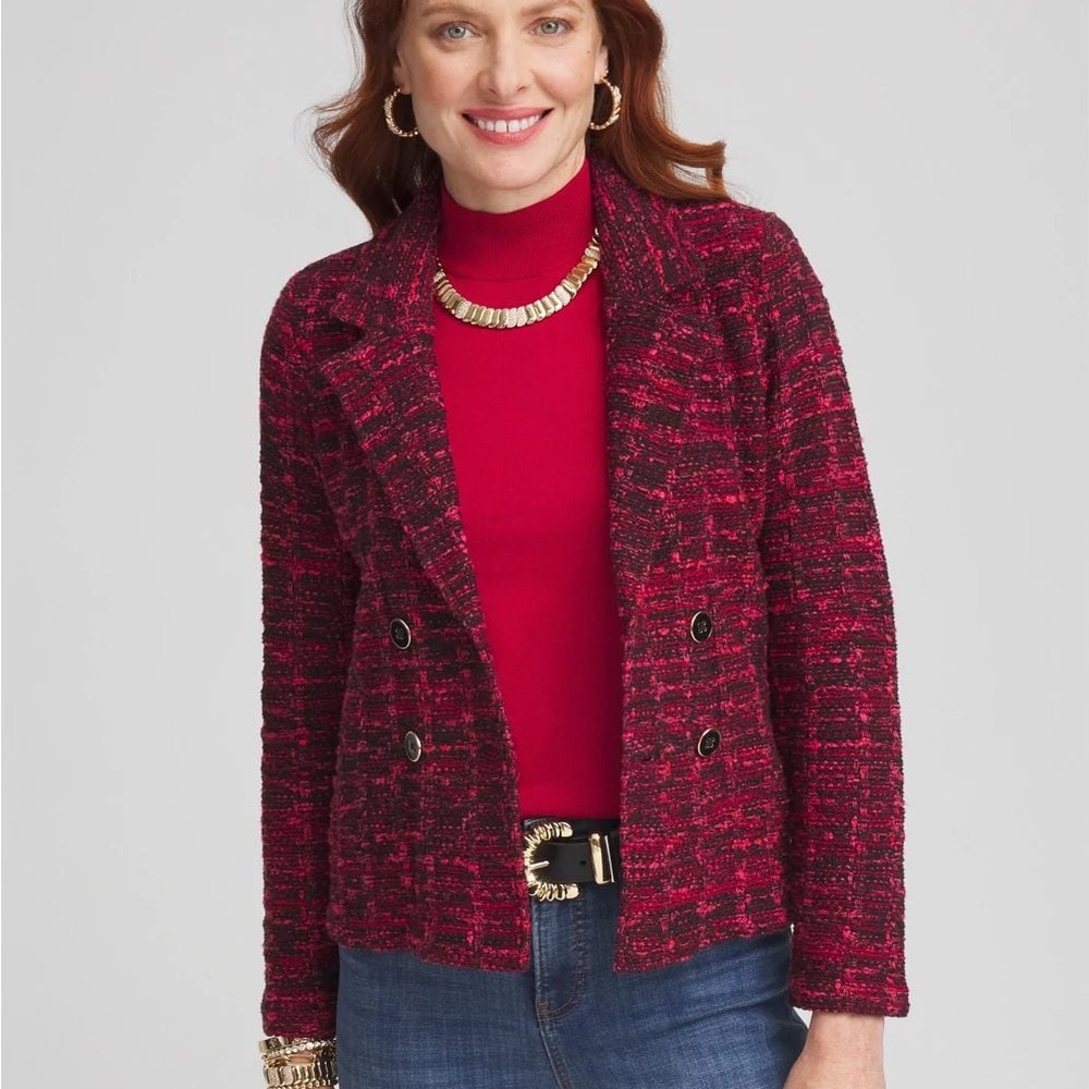 Chicos New Size 3 XL Red Black Tweed‎ Double Breasted Sweater Blazer Cardigan